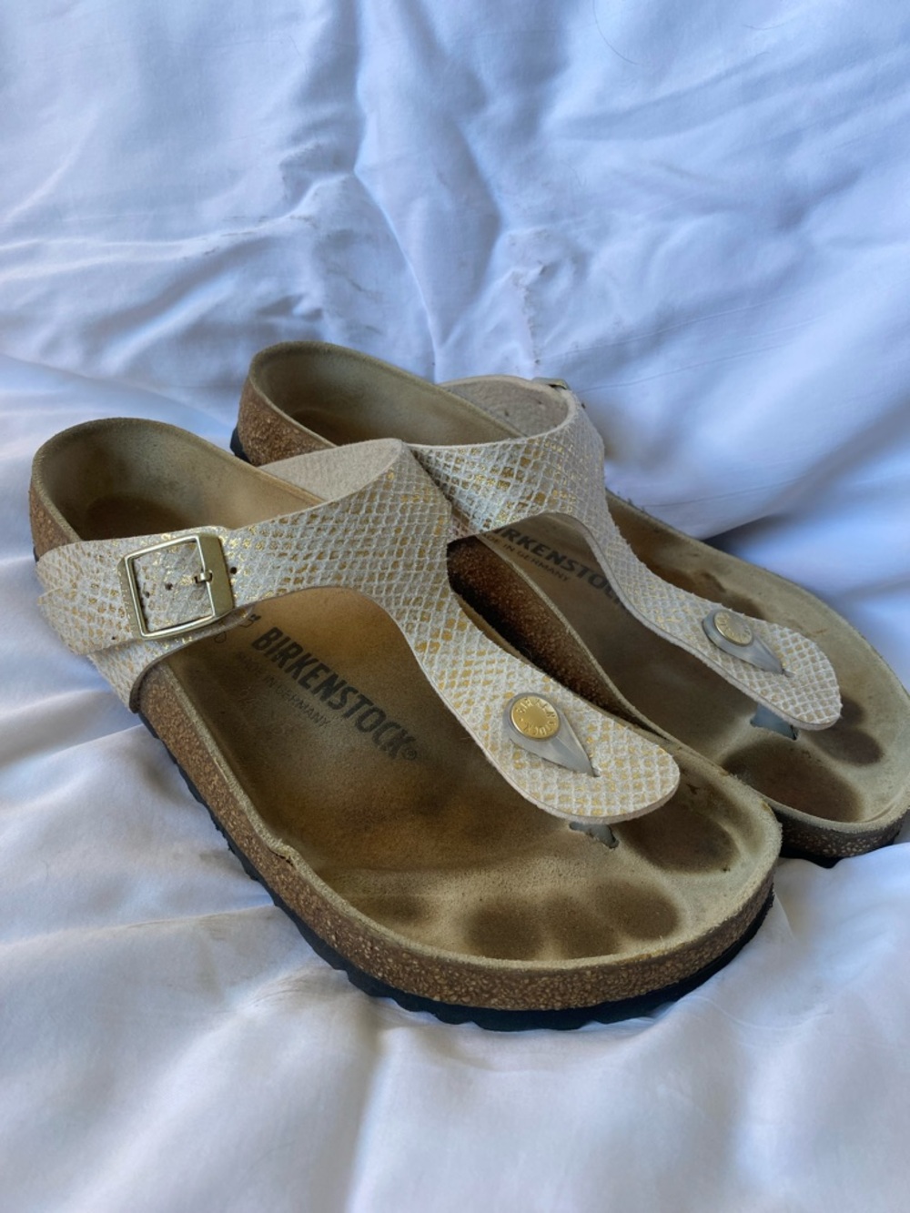 Birkenstock White & Gold Snake-Print Gizeh Sandals